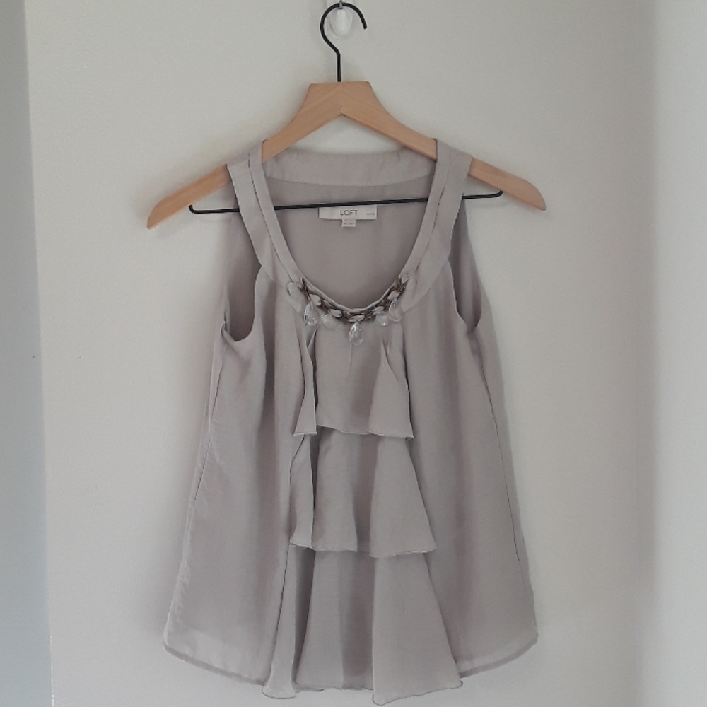 LOFT Gray Top with Ruffle Front-Size Small Petite